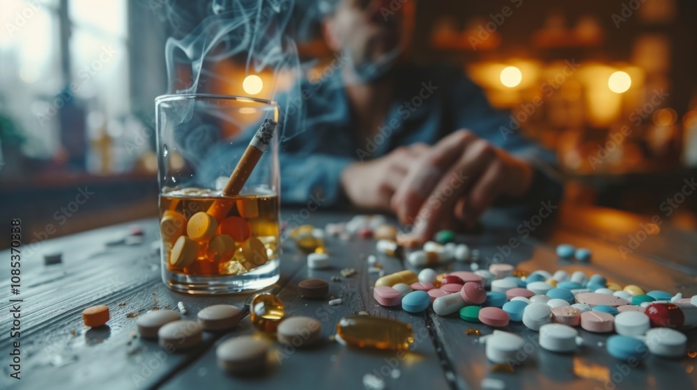 A dramatic image of pills on a table is enhanced by a smoking man, cigarette in hand. The setting hints at contemplation in a bar-like atmosphere. A dramatic image of pills on a table is enhanced by a smoking man, cigarette in hand. The setting hints at contemplation in a bar-like atmosphere.