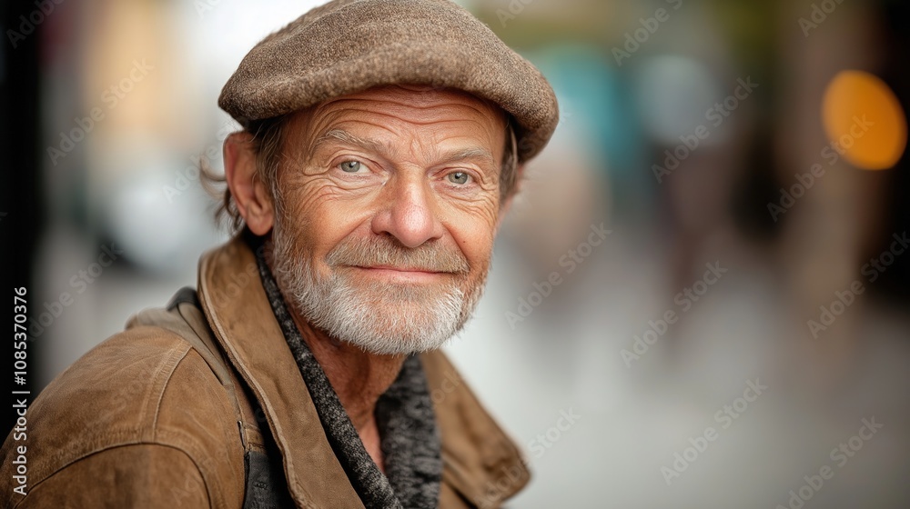 An elderly man expresses happiness while enjoying the lively ambiance of the city An elderly man expresses happiness while enjoying the lively ambiance of the city