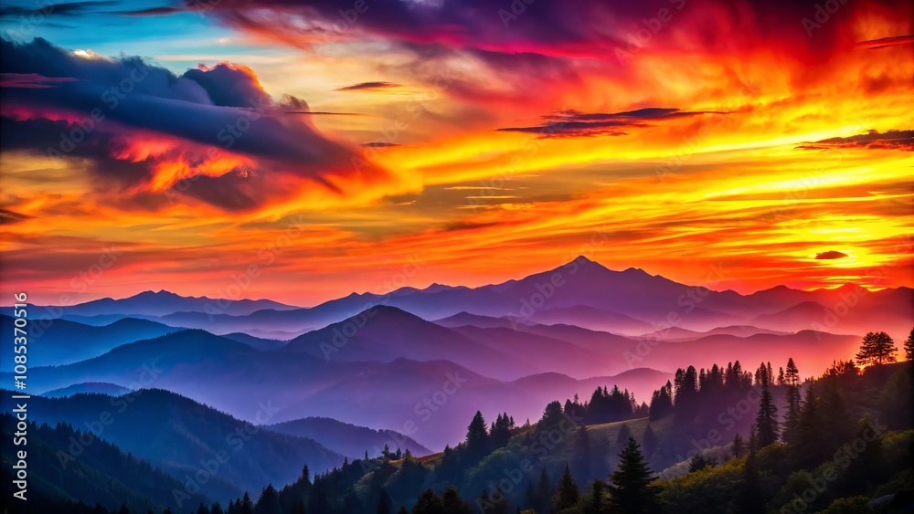 Obraz premium Stunning Sunset Painting Over Majestic Mountain Range with Vibrant Colors and Serene Atmosphere Captured in the Rule of Thirds for Art Lovers and Nature Enthusiasts