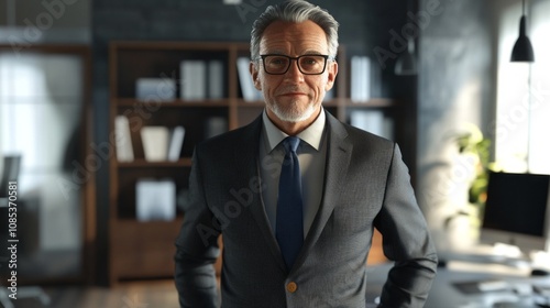 A man in a suit and tie stands in front of a desk with a computer monitor