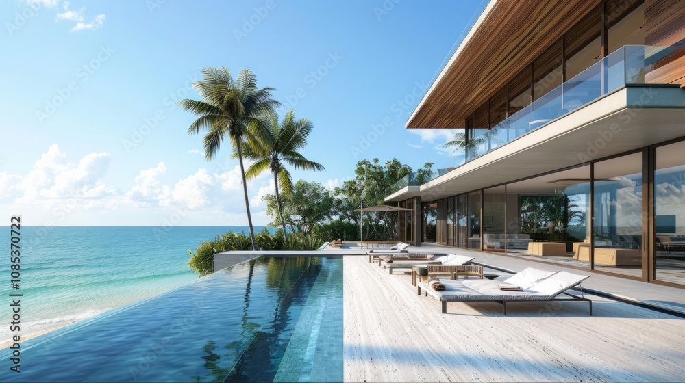 Fototapeta premium A tropical modern beachfront house with a pool blending luxury and nature, surrounded by palm trees, offers a tranquil holiday escape by the ocean.