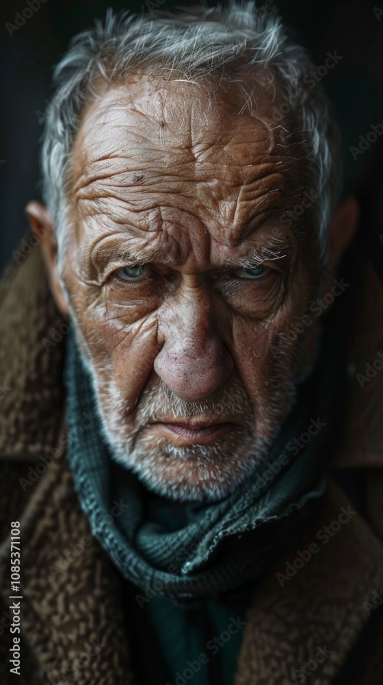 Elderly man with gray hair and a beard, wearing a brown coat, gazes intensely at the camera in a serious expression against a black background, emphasizing his facial features Elderly man with gray hair and a beard, wearing a brown coat, gazes intensely at the camera in a serious expression against a black background, emphasizing his facial features