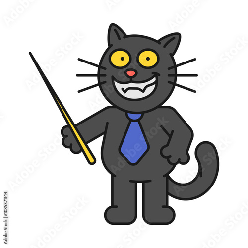 Black cat holds pointer and smiles