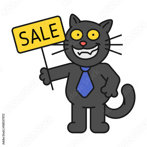 Black cat holds sign saying sale and smiles