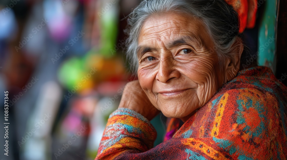 A joyful Hispanic woman enjoys life, surrounded by vibrant market colors in the sunlight A joyful Hispanic woman enjoys life, surrounded by vibrant market colors in the sunlight