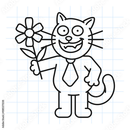 Doodle black cat holds flower and smiles