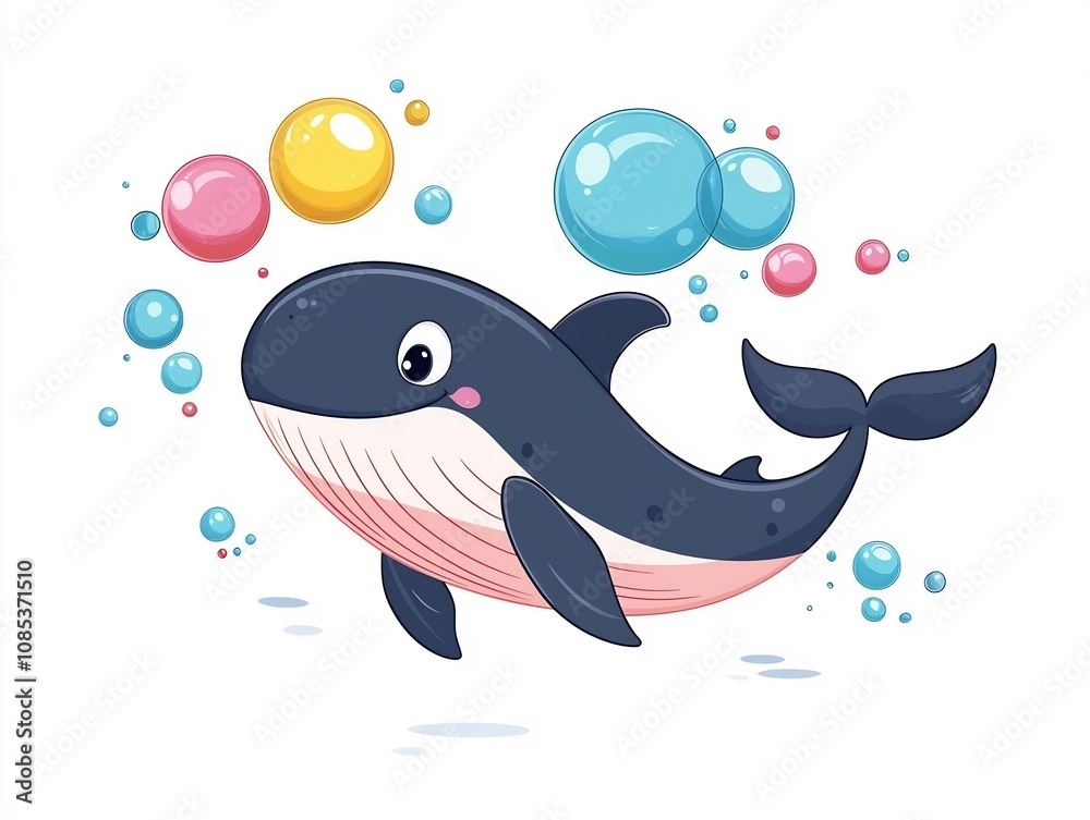 Cute Cartoon Whale Blowing Colorful Bubbles from its Spout with a Big Grin and Wide Eyes Floating through the Air Cute Cartoon Whale Blowing Colorful Bubbles from its Spout with a Big Grin and Wide Eyes Floating through the Air