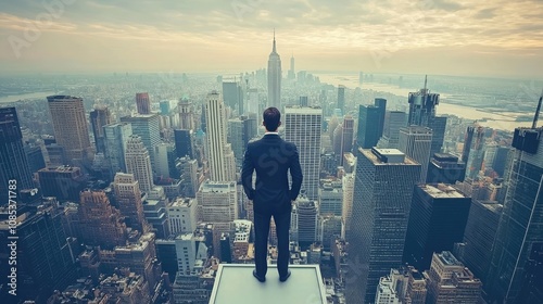 Wallpaper Mural A businessman stands on a rooftop overlooking a sprawling cityscape at sunset. The scene is filled with the warm glow of the setting sun and the cool tones of the city's buildings. Torontodigital.ca