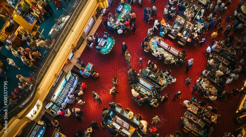 Casino Floor Bustle: A top-down view captures the lively energy of a bustling casino floor, filled with players at various gaming tables and slot machines.