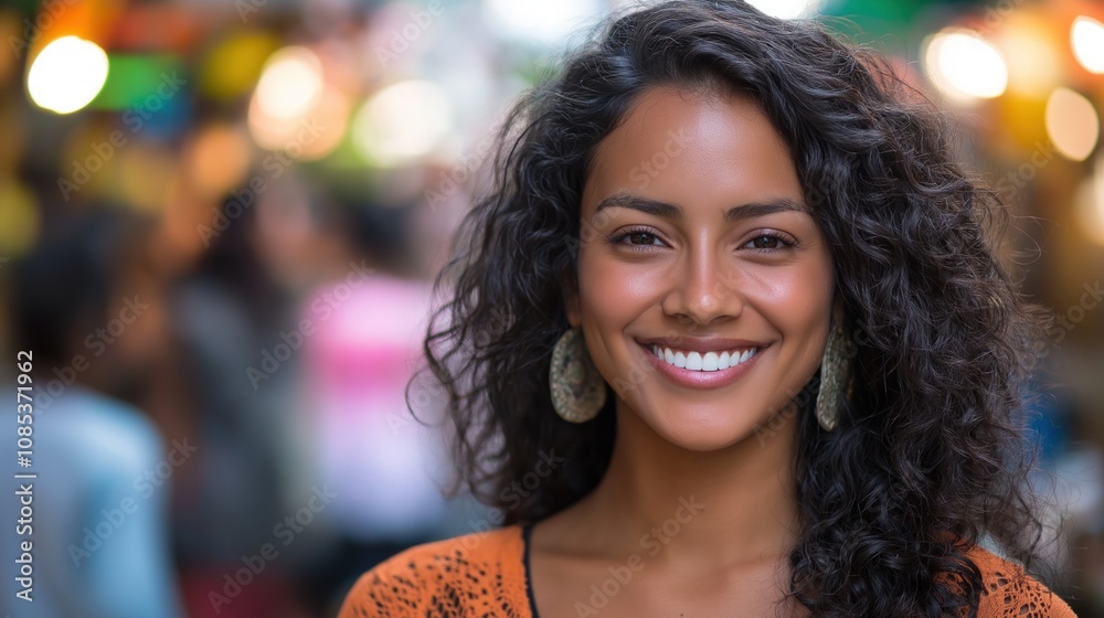 A joyful woman with curly hair smiles warmly in a bustling market filled with colors A joyful woman with curly hair smiles warmly in a bustling market filled with colors