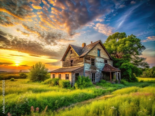 Abandoned Farmhouse in Overgrown Rural Field - Panoramic View of Rustic Landscape and Decaying Architecture