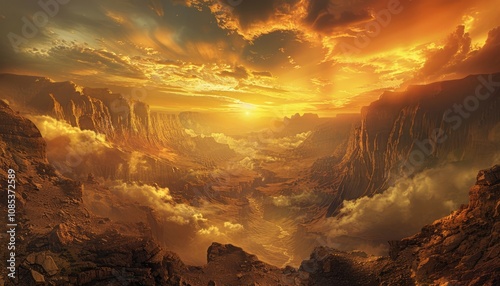 Golden Sunset Over a Mountainous Valley with Clouds