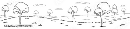 Forest hill graphic black white landscape long sketch illustration vector