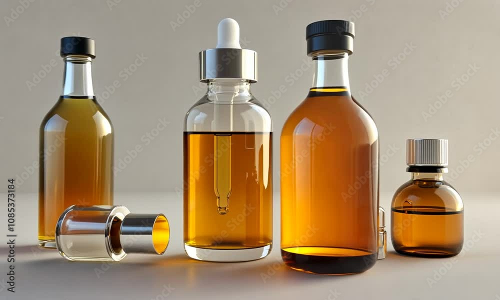 Three Glass Dropper Bottles with Amber Liquid Three Glass Dropper Bottles with Amber Liquid