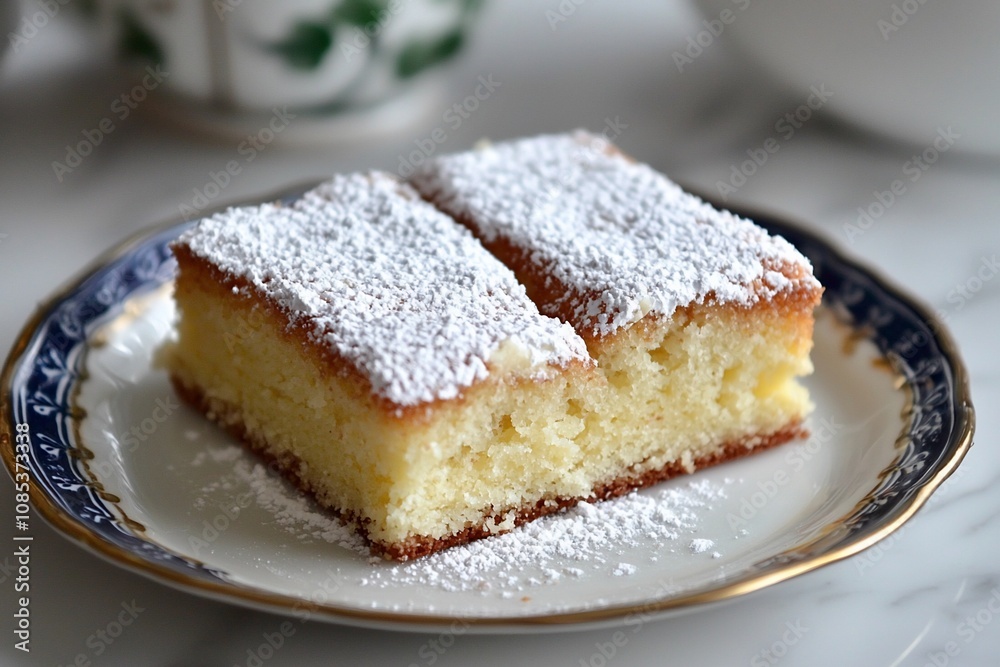 Delicious Homemade Cake Dusted with Powdered Sugar on a Fine Plate Delicious Homemade Cake Dusted with Powdered Sugar on a Fine Plate