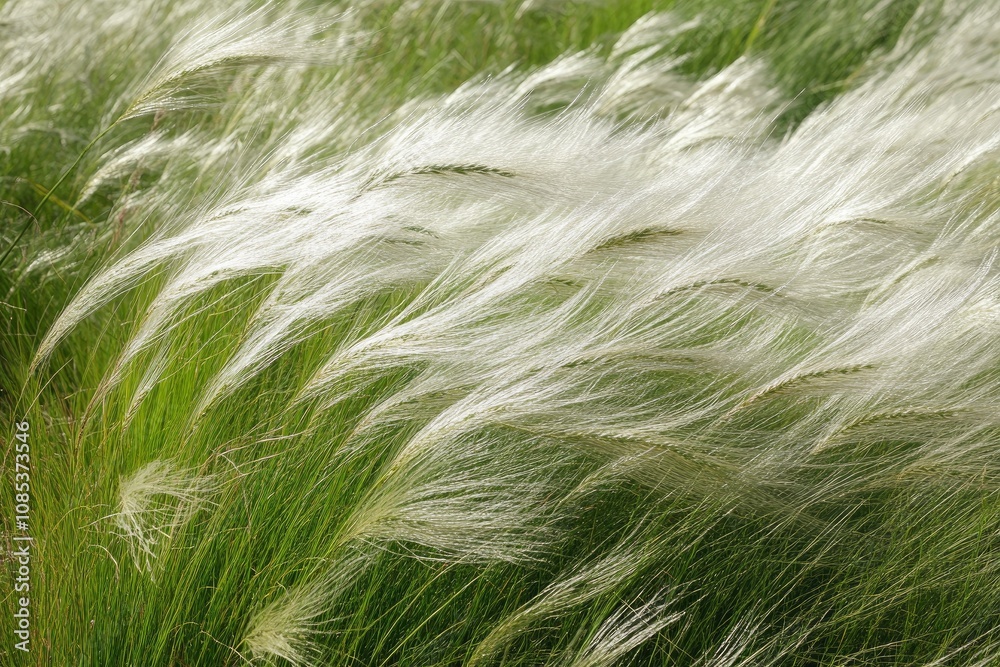 Feather Grass in the meadow inflates the wind. Needle Grass, Nassella tenuissima. Selective focus Feather Grass in the meadow inflates the wind. Needle Grass, Nassella tenuissima. Selective focus