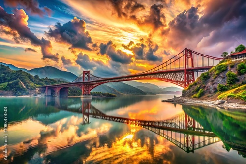 Surreal Representation of the Chenab Bridge: An Engineering Marvel Spanning the Majestic Chenab River in Jammu and Kashmir's Reasi District Amidst a Dreamlike Landscape