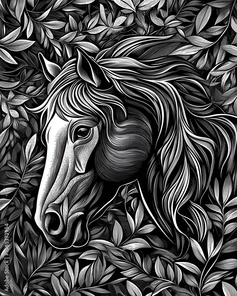 Obraz premium galloping horse with flowing mane tattoo, surrounded by leaves, in detailed woodcut style sketch engraving generative ai raster illustration. Scratch board imitation. Black and white image