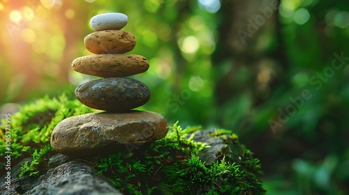 A serene stack of stones on moss, symbolizing balance and tranquility in a natural setting.