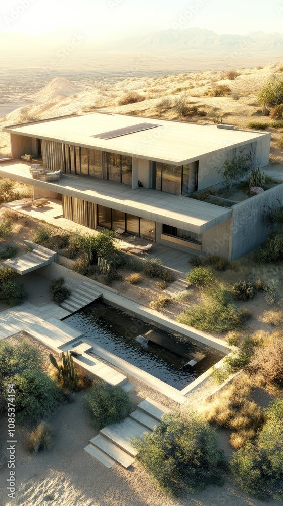 Desert Oasis Modern Villa: A stunning modern villa nestled in the desert landscape, featuring clean lines, expansive windows, and a private infinity pool. Desert Oasis Modern Villa: A stunning modern villa nestled in the desert landscape, featuring clean lines, expansive windows, and a private infinity pool.