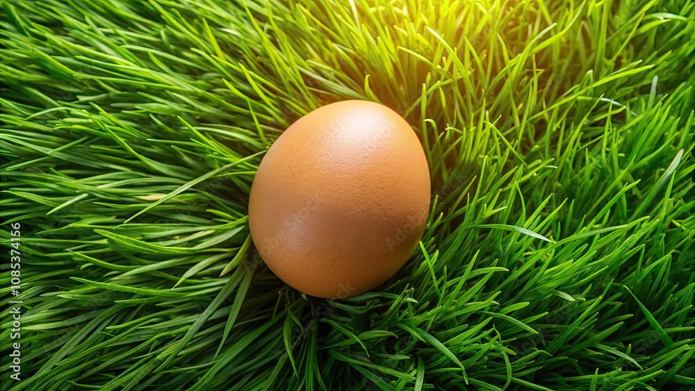 Aerial View of a Single Egg Nestled on Lush Green Grass with Nature's Textures and Colors, Perfect for Food Photography, Natural Living, Organic Farming, and Culinary Arts Aerial View of a Single Egg Nestled on Lush Green Grass with Nature's Textures and Colors, Perfect for Food Photography, Natural Living, Organic Farming, and Culinary Arts