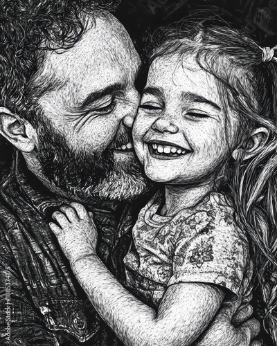 father joyfully hugging his smiling daughter, a moment of love and connection sketch engraving generative ai fictional character raster illustration. Scratch board imitation. Black and white image