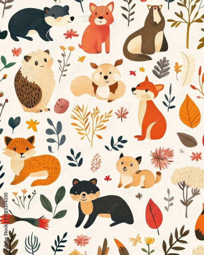 Cute seamless pattern with adorable animals and playful elements