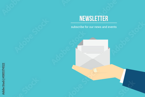 Newsletter. vector illustration of email marketing. subscription to newsletter, news, offers, promotions. a letter and envelope. subscribe, submit. send by mail.	