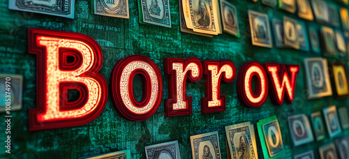 3D Word Art of Borrow with Money Background Illustrating Financial Concepts and Lending