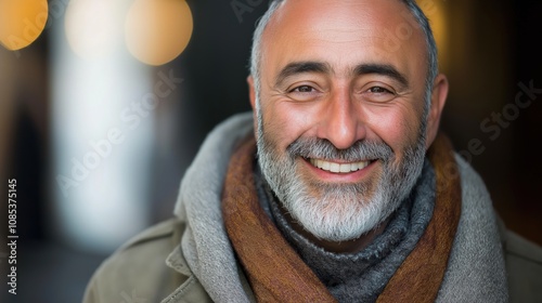 A joyful Middle Eastern man smiles warmly while enjoying a sunny day in the city