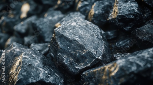 An up-close shot of black rocks and pebbles showing the texture and roughness of the surface.