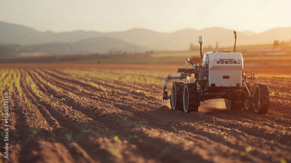 Obraz premium A white autonomous agricultural robot cultivates a field at sunset. The robot is working the earth in rows. The scene is peaceful and golden.