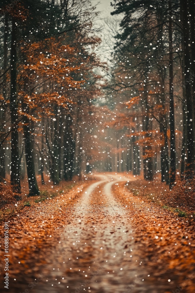 Obraz premium Winters Approach, Forest Path Covered in First Snowfall Between Trees With Autumn Leaves