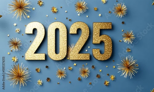 Festive Sparkling Number 2025 Against Blue Background with Glittering Stars and Decorative Elements Perfect for New Year Celebrations and Events