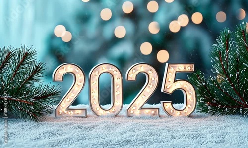 Festive New Year Celebration with 2025 Illuminated Numbers Surrounded by Greenery and Bokeh Background for Holiday Enthusiasts and Event Planners