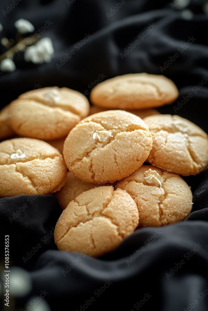 Delicious freshly baked cookies arranged on a soft black cloth, ideal for dessert photography Delicious freshly baked cookies arranged on a soft black cloth, ideal for dessert photography