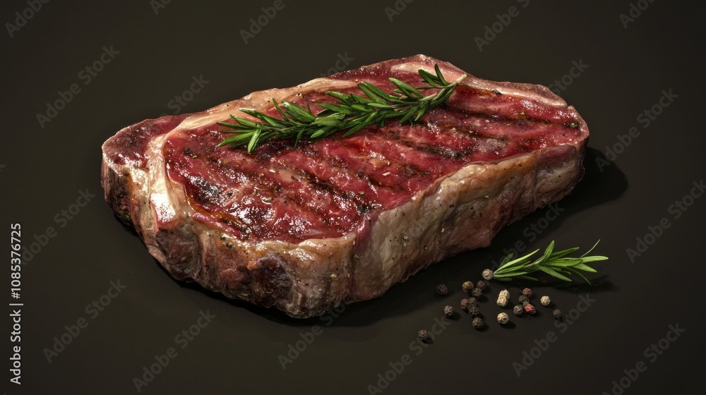 A piece of meat with a few sprigs of rosemary on top A piece of meat with a few sprigs of rosemary on top