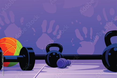 Design a vibrant vector background featuring kettlebells, a medic's cross, and CrossFit-related elements.  Illustrate a dynamic, energetic scene.