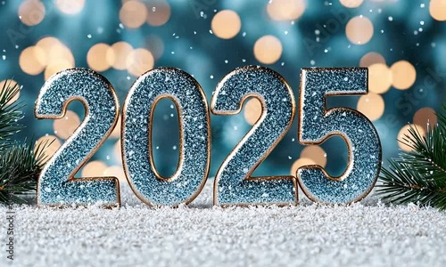 Sparkling 2025 New Year Celebration with Snow, Pine Branches, and Twinkling Bokeh Lights in the Background for a Festive Atmosphere