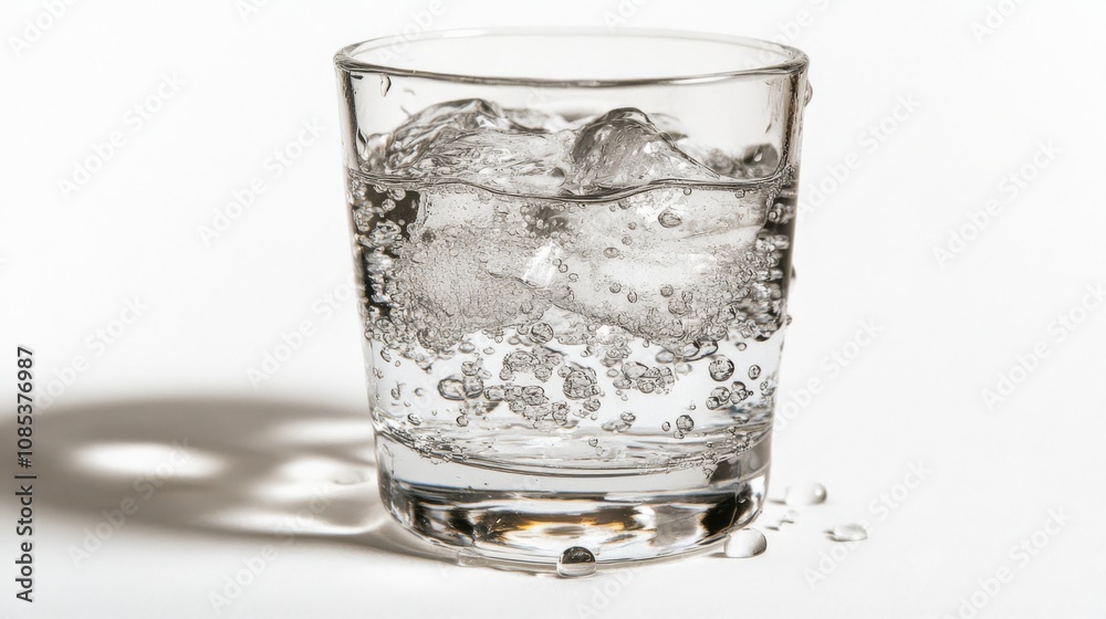 Sparkling Water in Glass: A close-up shot of a glass filled with sparkling water and ice, with bubbles rising to the surface. The glass casts a shadow on the white background. Sparkling Water in Glass: A close-up shot of a glass filled with sparkling water and ice, with bubbles rising to the surface. The glass casts a shadow on the white background.