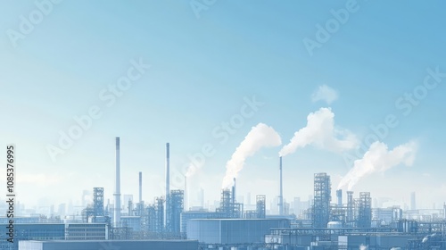 Industrial Skyline: A panoramic view of a sprawling industrial complex, with smoke billowing from chimneys against a clear blue sky.