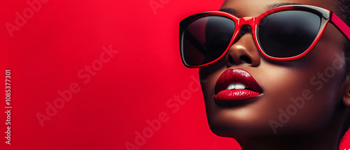 Stylish Black Woman in Red Sunglasses, Red Lipstick, Red Background