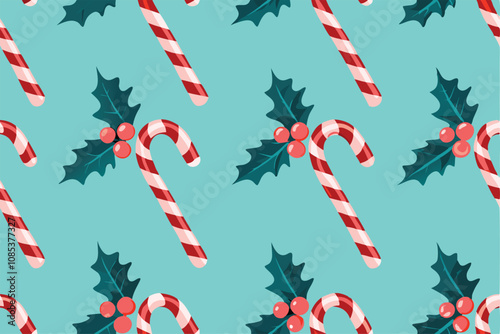 Create a festive digital illustration featuring intricate decorative candy cane patterns interwoven with realistic holly leaves and berries.  Focus on vibrant colors and fine detail.