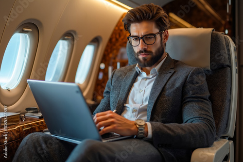 A man sitting in an airplane using a laptop computer