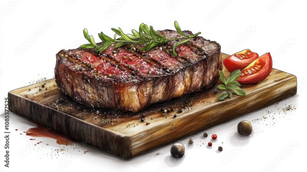 High-quality illustration of a steak on a wooden board, adorned with herbs and spices, viewed from the front and isolated on a white background High-quality illustration of a steak on a wooden board, adorned with herbs and spices, viewed from the front and isolated on a white background