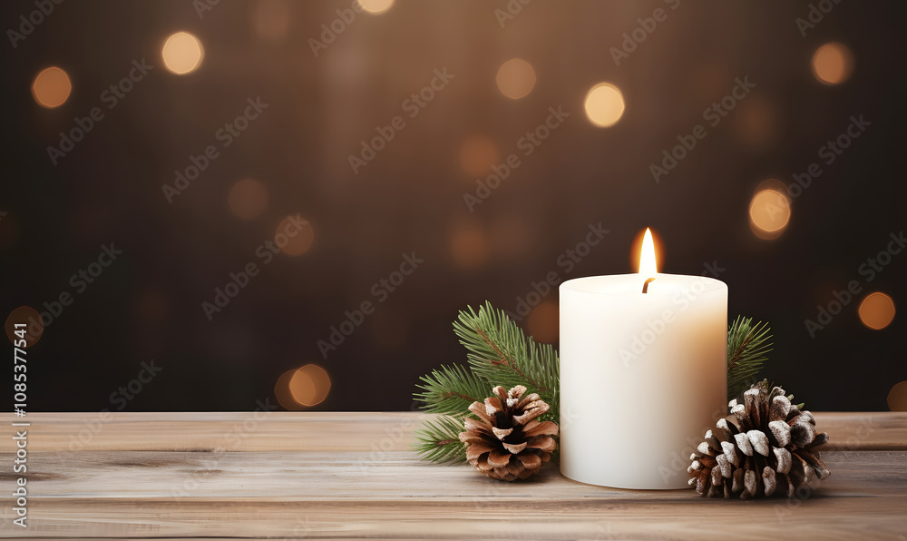 Advent candle, fir tree branches and holiday decorations on a rustic, textured wooden table. Christmas card. Advent candle, fir tree branches and holiday decorations on a rustic, textured wooden table. Christmas card.
