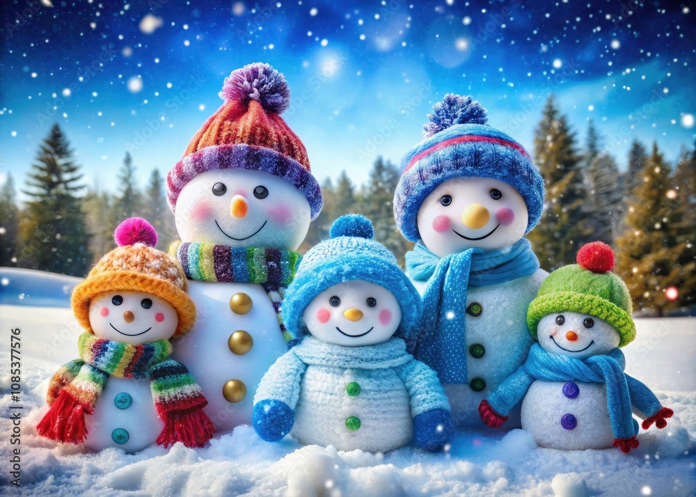 Cheerful Handmade Snowmen Family in Blue Winter Hats Surrounded by a Snowy Landscape – Festive Winter Decor and Family Fun Cheerful Handmade Snowmen Family in Blue Winter Hats Surrounded by a Snowy Landscape – Festive Winter Decor and Family Fun