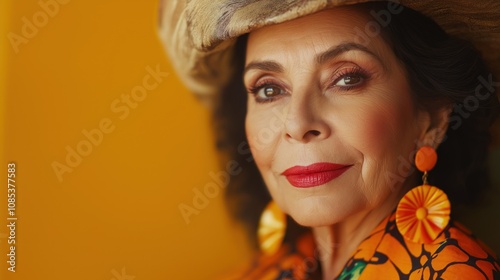 A stylish older woman showcases bold fashion and accessories while illuminated by warm sunset light