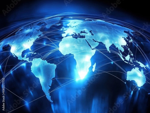 Futuristic Digital Network Concept with Global Connection Illuminate Map of Earth in Vibrant Blue and White, Representing Data Flow and Communication in Modern Technology Context photo