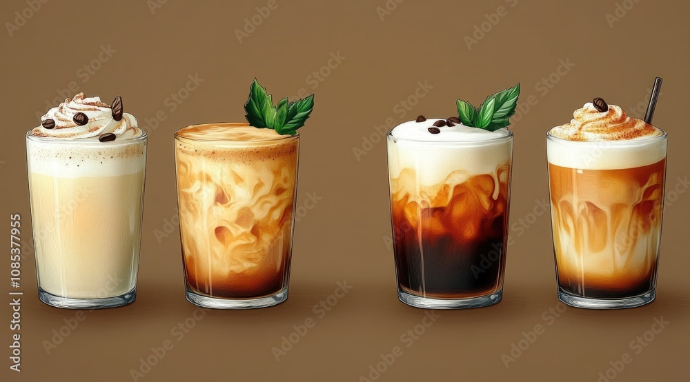 Four iced coffee drinks with cream, mint, and coffee beans. Four iced coffee drinks with cream, mint, and coffee beans.